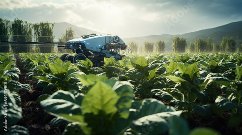 Agricultural robot industriously operating in the field. This represents the intersection of sustainability, technology, and agriculture