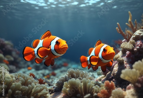 Anemonefish swimming in the sea. 3d rendering