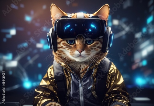 Adorable cat cyber crypto digital hacker coder in cyberspace wearing virtual reality VR goggles