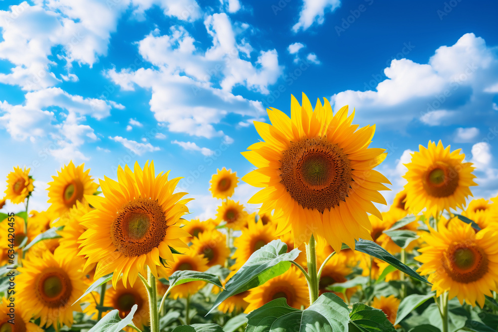A field of sunflowers on a cloudy blue sky close up