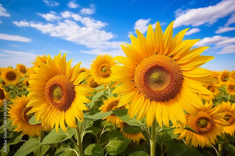 A field of sunflowers on a cloudy blue sky close up