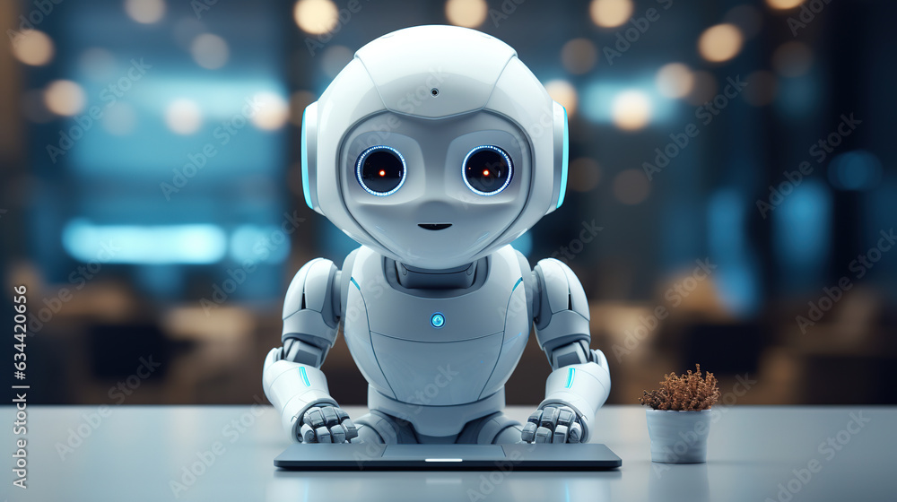 A white AI robot assistant mascot working in front of blank computer screen. White office in the background. Computer screen mockup with blank empty space. A white AI robot assistant mascot working in front of blank computer screen. White office in the background. Computer screen mockup with blank empty space.