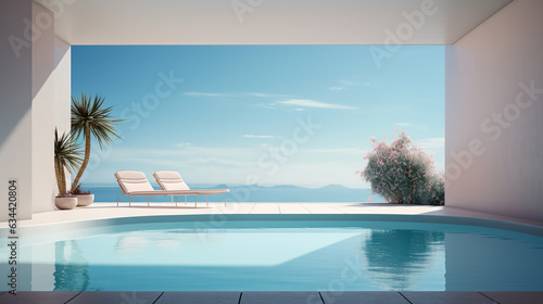 A serene and calm poolcore scene  featuring a minimalistic design. This image encapsulates the tranquility of poolside moments  evoking a sense of peace and relaxation.