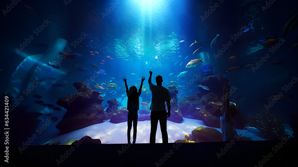 Underwater family. Happy family in aquarium.