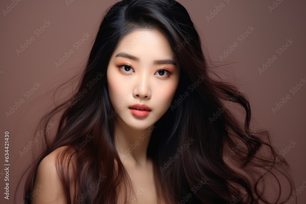 Beautiful asian woman with long red curly hair on black background Generative AI. Beautiful asian woman with long red curly hair on black background Generative AI.