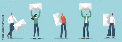 A set of illustrations of random people with envelopes or letters. Information concept, working business correspondence of company employees, communication by e-mail, sending messages.