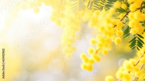 Mimosa flowers on blue blurred soft background Generative AI