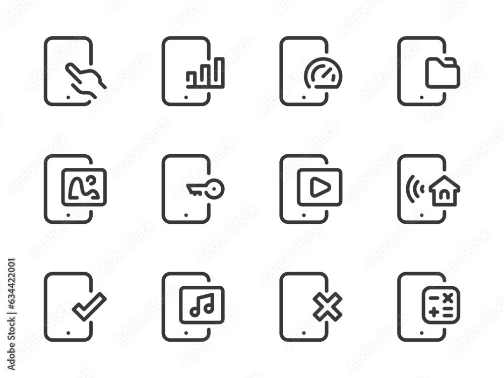 Mobile Phone Applications and Services vector line icons. Smartphone Preferences outline icon set. Photo, Video, Audio, Report, Access, Files and more. Mobile Phone Applications and Services vector line icons. Smartphone Preferences outline icon set. Photo, Video, Audio, Report, Access, Files and more.