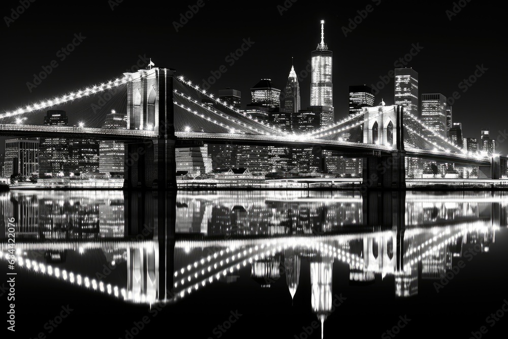 Obraz premium Brooklyn Bridge at night in lights. Black and white landscape of New York. Generative AI