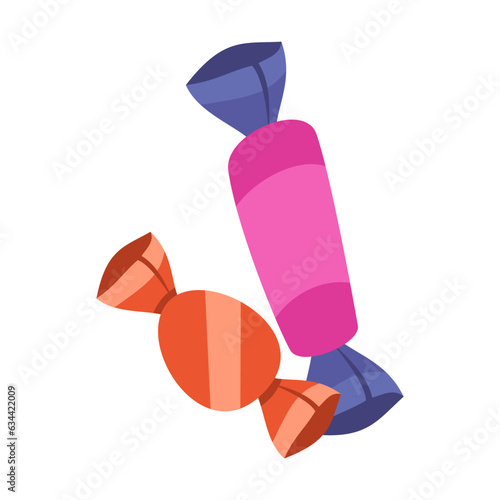 Sweet caramel candies in paper wrapper on white background. Confectionary sweets cartoon illustration. Food concept