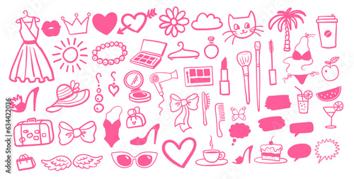 Vector illustration set of beauty and fashion isolated pink doodles