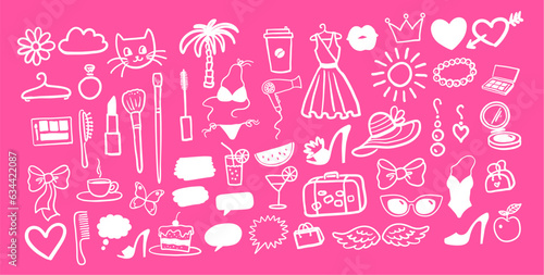 Vector illustrations collection of beauty and fashion isolated doodles on pink background