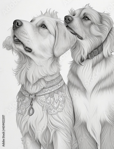 Coloring page, for adults, the cute gaze of a puppy, thin black lines white background, AI Generative photo