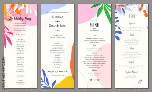 Wedding and restaurant menu. Bright and colorful art templates. Good for poster, greeting card, invitation, flyer, banner, brochure, email header, advertising, events and page cover.