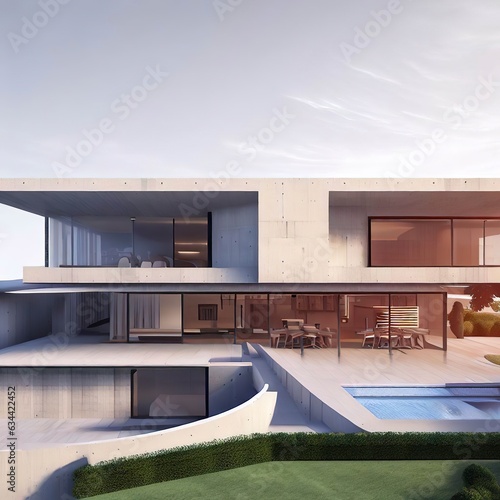 3d rendering of an impressive contemporary villa in exposed cement with garden and pool © Lucian