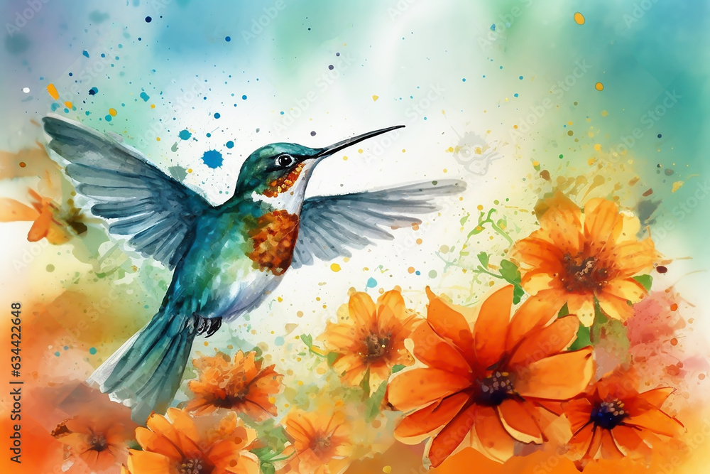 - Hummingbird watercolor painting with flowers 1, generative ai