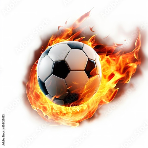 Football ball flying in flames realistic on white background