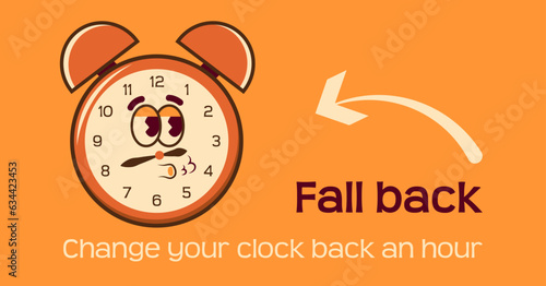 Groovy style clock character. Fall back. Daylight saving time end.