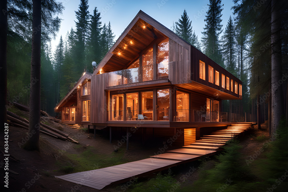 An Eco-Friendly Wooden House Illuminated Amidst Forest Landscape Embracing Ecological Concepts and Eco-Architecture Principles An Eco-Friendly Wooden House Illuminated Amidst Forest Landscape Embracing Ecological Concepts and Eco-Architecture Principles