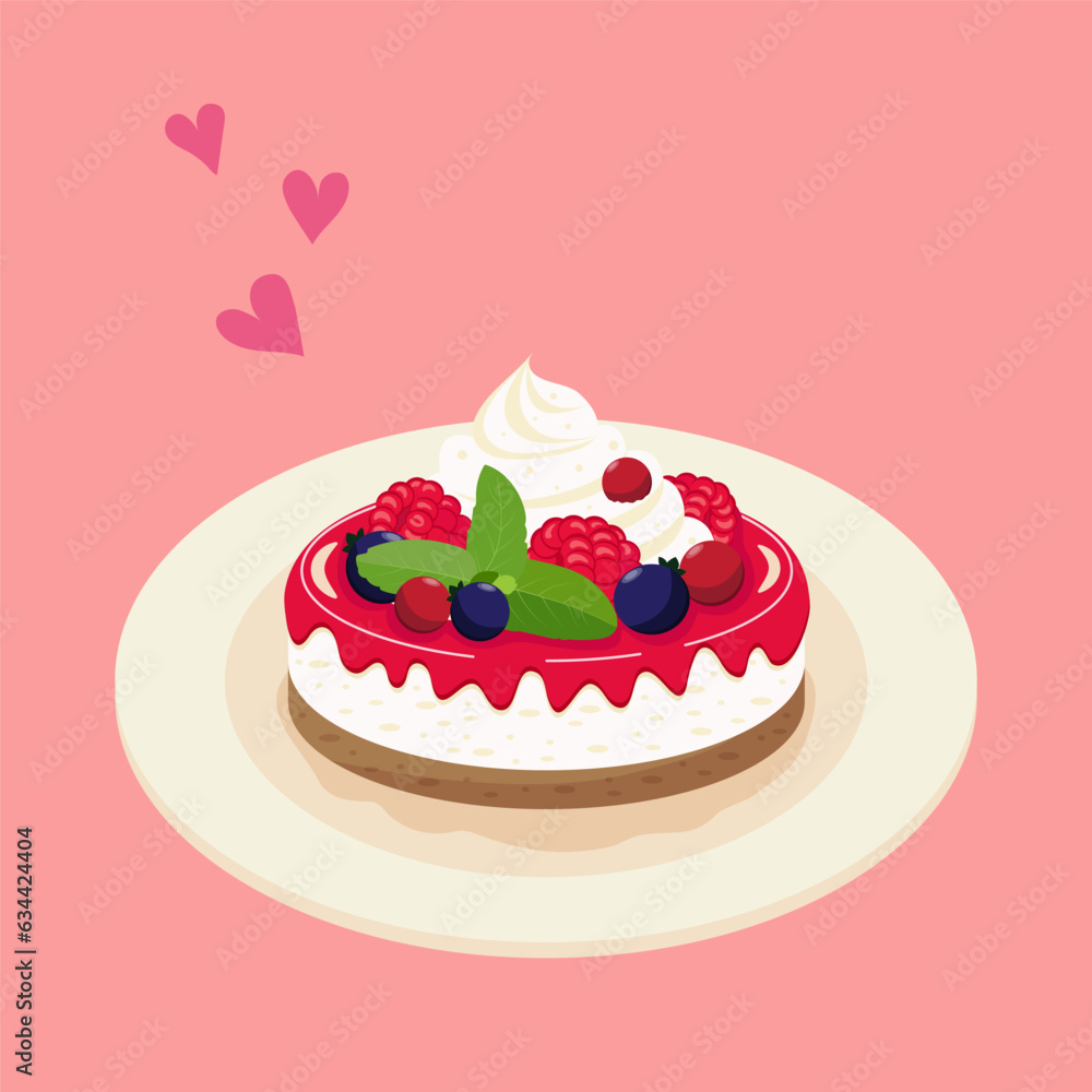 Raspberry cheesecake, sweet fruit dessert with whipped cream on plate, vector. Raspberry cheesecake, sweet fruit dessert with whipped cream on plate, vector.