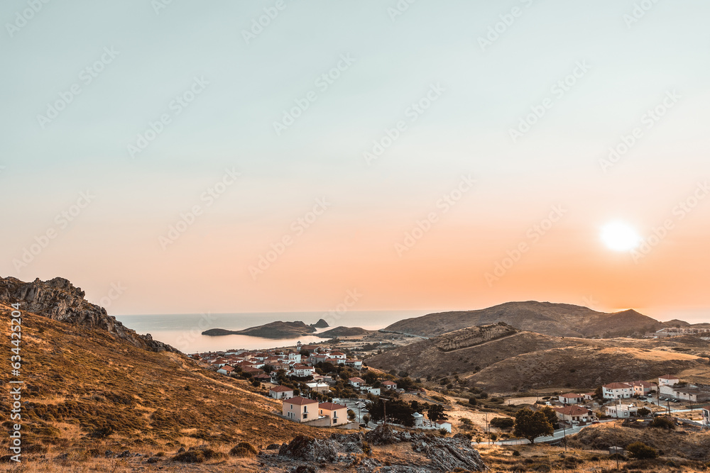 Sunset view to Aegean sea Lemnos or Limnos island Greece ideal for summer vacation Sunset view to Aegean sea Lemnos or Limnos island Greece ideal for summer vacation