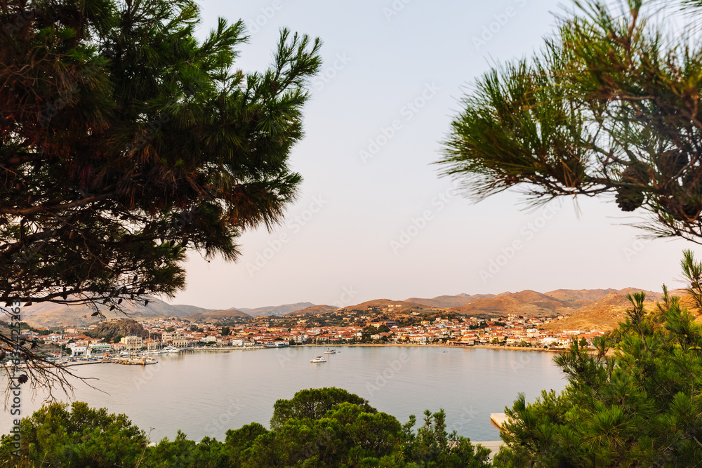Obraz premium Panoramic view to Myrina port Lemnos Island Greece, Aegean Sea, summer vacation destination