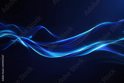 Abstract futuristic dark blue wave line background with glowing light effect.
