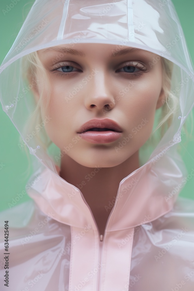 A beautiful young woman wearing a pink raincoat radiates fashion and grace as she stands indoors on a crisp autumn day, vogue pastel high end fashion portrait style A beautiful young woman wearing a pink raincoat radiates fashion and grace as she stands indoors on a crisp autumn day, vogue pastel high end fashion portrait style