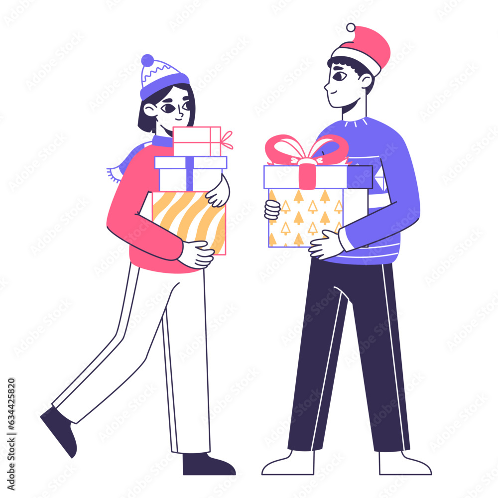 Couple carrying xmas gifts. People with Christmas gifts, winter holidays gifts flat vector illustration. Happy family with presents Couple carrying xmas gifts. People with Christmas gifts, winter holidays gifts flat vector illustration. Happy family with presents