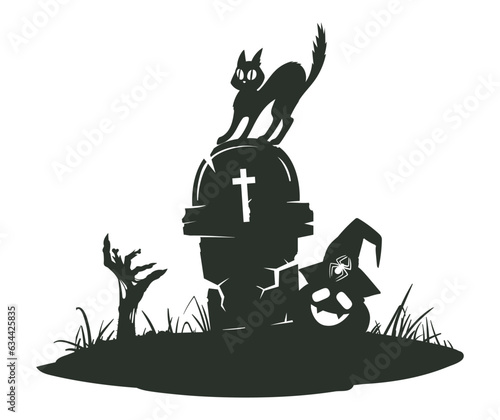 Halloween gravestone silhouette. Creepy tombstone with zombie scrawny hand, bristling cat and spooky pumpkin. Halloween flat cartoon vector illustration