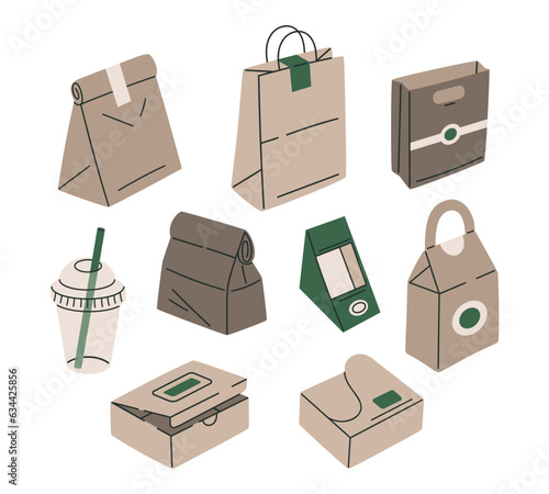 Paper food delivery containers. Takeaway disposable food delivery packaging, fast food paper bags, boxes and plastic cup hand drawn flat vector illustration