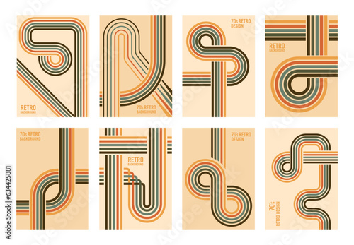 Retro colours posters. Halftone striped patterns, vintage stripes 70s backgrounds flat vector set. Abstract 60s banner collection