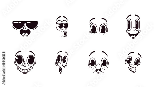 Retro Cartoon Emoji Set, Nostalgic Collection Of Vintage-inspired Emoticons. Cool, Whistle, Smile And Surprised Faces