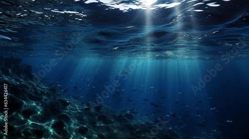 Dark blue ocean surface seen from underwater. Abstract waves underwater and rays of shining through