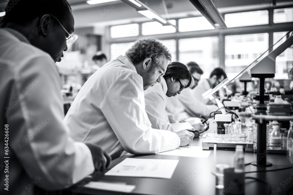 black and white photo of diverse scientists in modern lab, united by microscopes and lab equipment. black and white photo of diverse scientists in modern lab, united by microscopes and lab equipment.