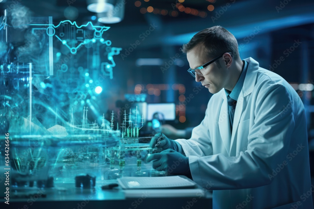 futuristic technologic lab, modern microscope assists researcher scientist in experiment futuristic technologic lab, modern microscope assists researcher scientist in experiment