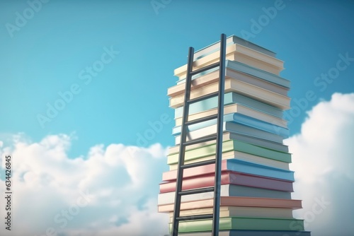 Abstract book stack with ladder on sky with clouds background. Ladder going on top of huge stack of books. Education and growth concept. 3D Rendering