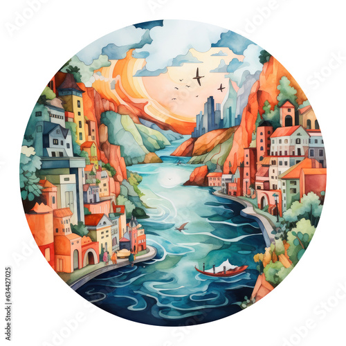 Watercolor illustration of the city, colorful houses and a river in an old European style. Generative Ai