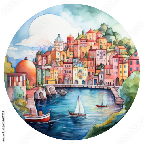 Watercolor illustration of the city, colorful houses and a river in an old European style. Generative Ai