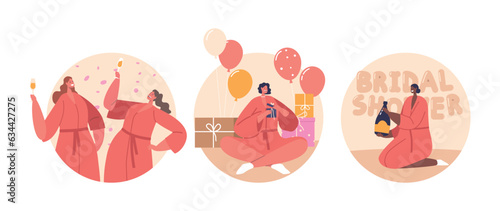 Isolated Round Icons or Avatars of Girl Friends wear Pink Robes, Gather To Honor The Bride-to-be With A Bridal Shower