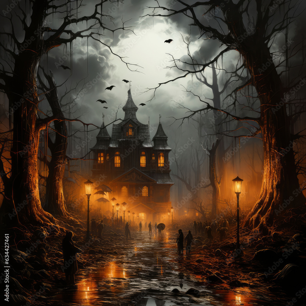 Halloween spooky castle in a dark night Halloween spooky castle in a dark night