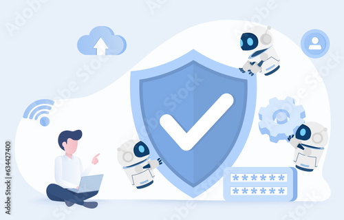 Protection and artificial intelligence (AI) technology concept. Man control AI robot holding big shield, protect, safety, security, password and other sensitive items from cyber attack. 