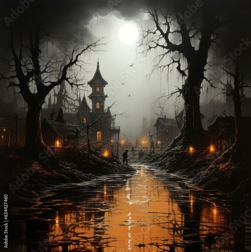 Halloween spooky town in a dark night