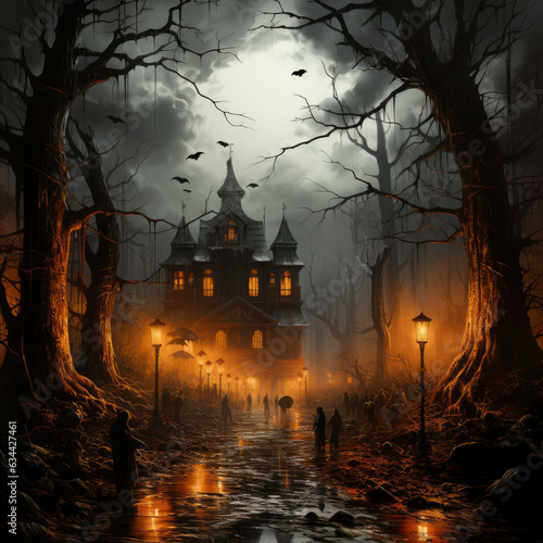 Halloween spooky castle in a dark night