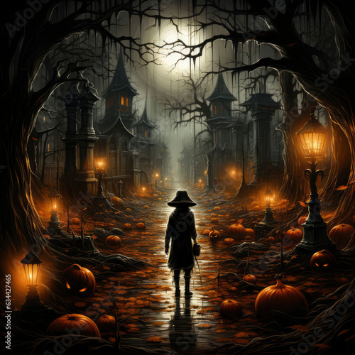 Spooky one person walking in dark village Halloween background concept