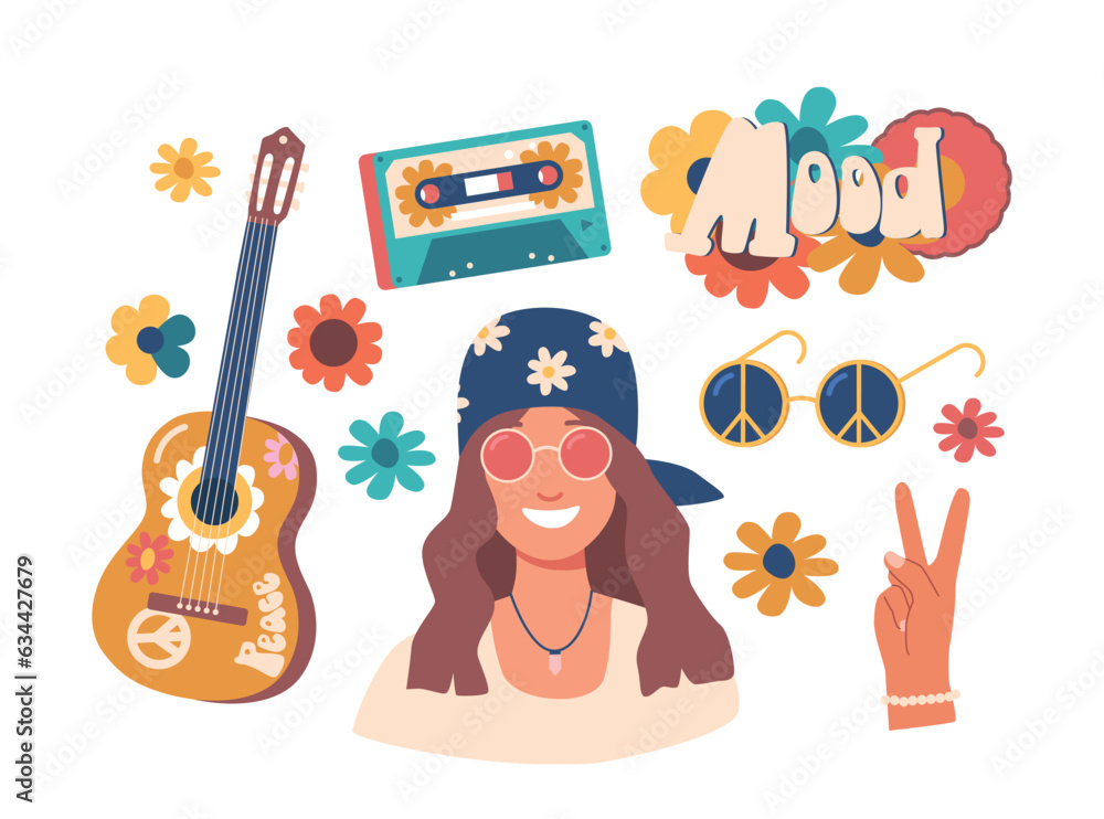 Naklejka premium Hippie Icons Set. Guitar, Tape, Hand With Peace Gesture And Person. Vibrant And Symbolic Images, Vector Illustration