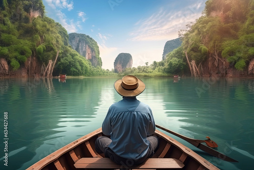 A man floats in a boat on the river among of the rainforest, Beautiful jungle nature realistic background wallpaper illustration Generative AI © Artem