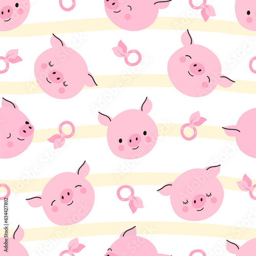 Pig seamless pattern. Piglet faces wallpaper, cute pigs avatars. Cartoon baby fabric print design, funny piggy pink snout. Nowaday vector decorative background