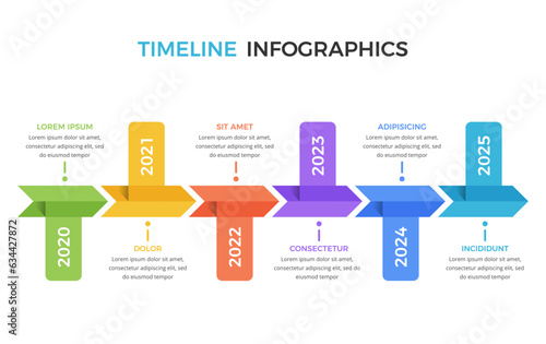 Horizontal timeline infographic template with six arrows with place dates and text, vector eps10 illustration