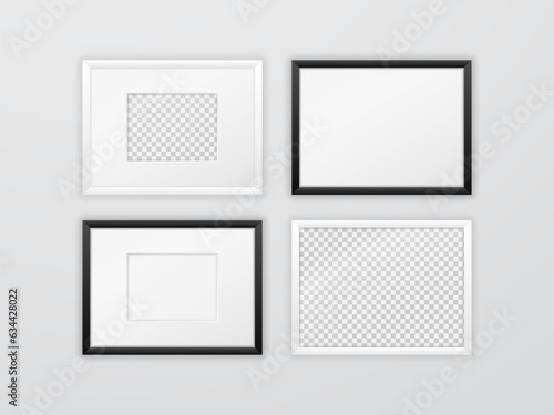 Composition of different black and white narrow frames hanging on the wall. Horizontal rectangular frame template with passe-partout and empty space for photo, image or poster. Realistic vector mockup